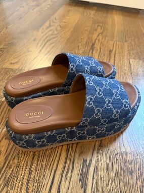 Gucci Denim GG Platform Slide Mules in Blue and Brown